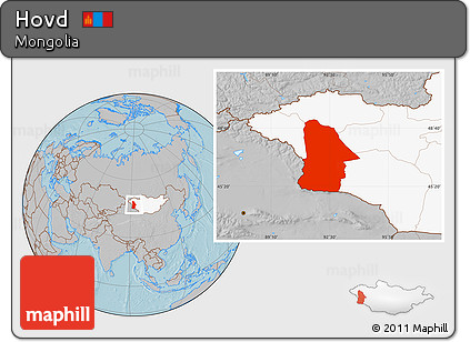 Gray Location Map of Hovd, highlighted country, hill shading