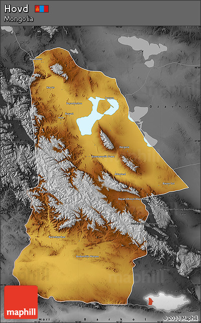 Physical Map of Hovd, darken, desaturated