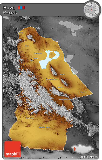 Physical Map of Hovd, darken, desaturated