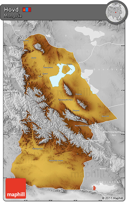 Physical Map of Hovd, lighten, desaturated