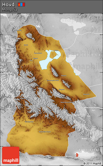 Physical Map of Hovd, lighten, desaturated
