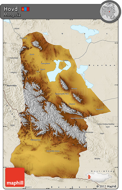Physical Map of Hovd, shaded relief outside