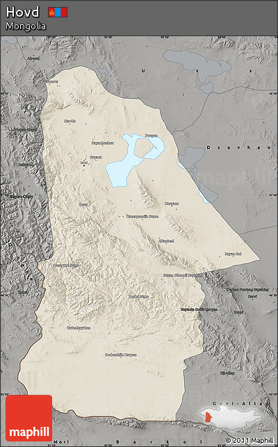 Shaded Relief Map of Hovd, darken, semi-desaturated