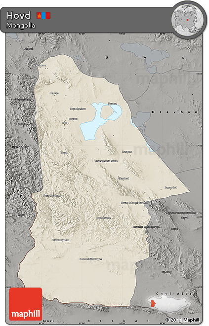 Shaded Relief Map of Hovd, darken, semi-desaturated