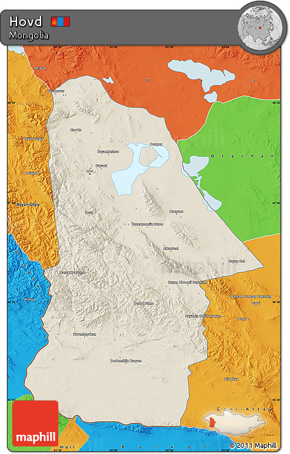 Shaded Relief Map of Hovd, political outside