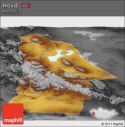Physical Panoramic Map of Hovd, darken, desaturated