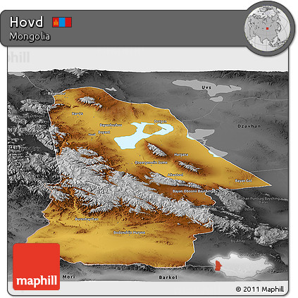Physical Panoramic Map of Hovd, darken, desaturated