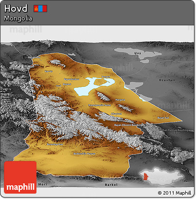Physical Panoramic Map of Hovd, darken, desaturated