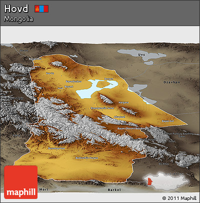 Physical Panoramic Map of Hovd, darken, semi-desaturated
