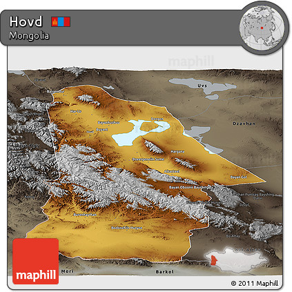 Physical Panoramic Map of Hovd, darken, semi-desaturated