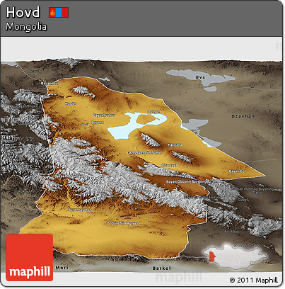 Physical Panoramic Map of Hovd, darken, semi-desaturated