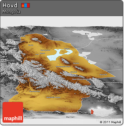 Physical Panoramic Map of Hovd, desaturated