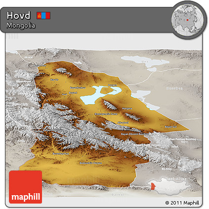 Physical Panoramic Map of Hovd, lighten, semi-desaturated