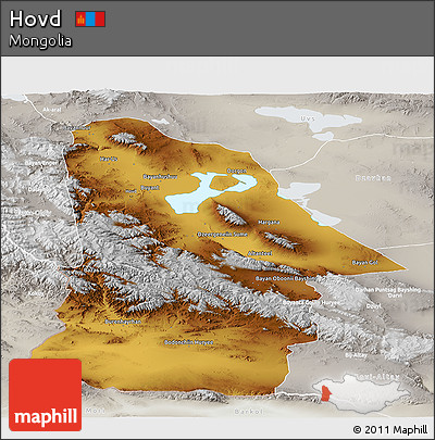 Physical Panoramic Map of Hovd, lighten, semi-desaturated