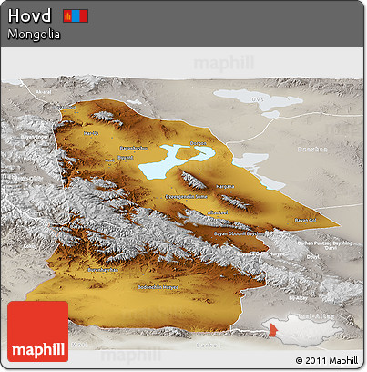 Physical Panoramic Map of Hovd, lighten, semi-desaturated