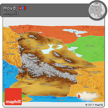 Physical Panoramic Map of Hovd, political outside