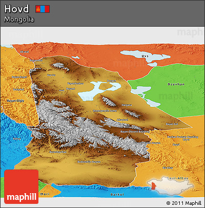 Physical Panoramic Map of Hovd, political outside