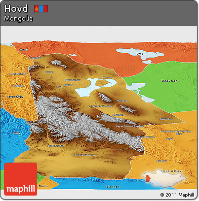 Physical Panoramic Map of Hovd, political outside