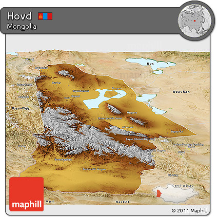 Physical Panoramic Map of Hovd, satellite outside
