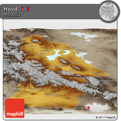 Physical Panoramic Map of Hovd, semi-desaturated