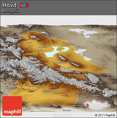 Physical Panoramic Map of Hovd, semi-desaturated