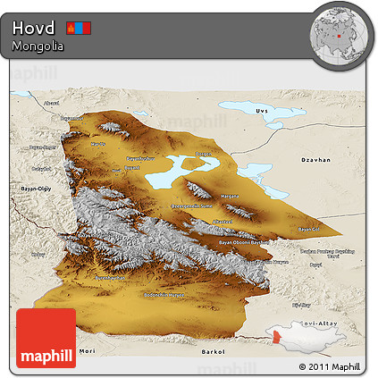 Physical Panoramic Map of Hovd, shaded relief outside