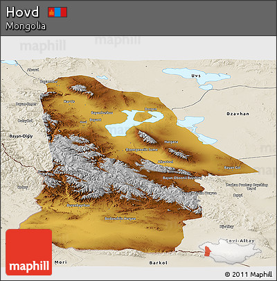 Physical Panoramic Map of Hovd, shaded relief outside