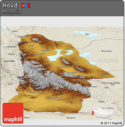 Physical Panoramic Map of Hovd, shaded relief outside