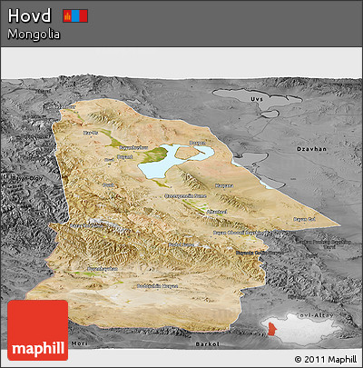 Satellite Panoramic Map of Hovd, darken, desaturated