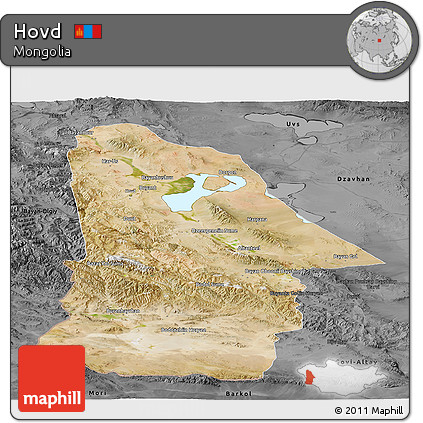 Satellite Panoramic Map of Hovd, darken, desaturated
