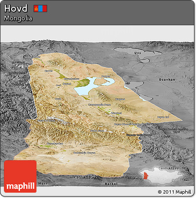 Satellite Panoramic Map of Hovd, darken, desaturated