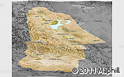 Satellite Panoramic Map of Hovd, darken, desaturated