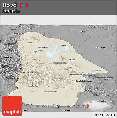 Shaded Relief Panoramic Map of Hovd, darken, desaturated