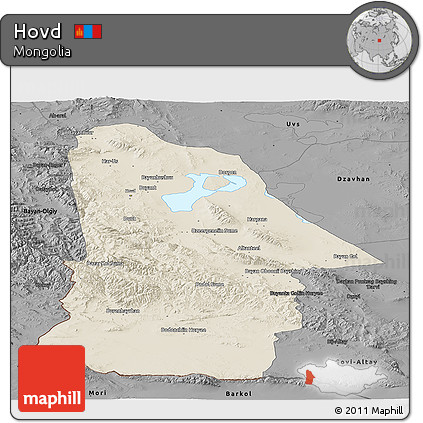 Shaded Relief Panoramic Map of Hovd, darken, desaturated
