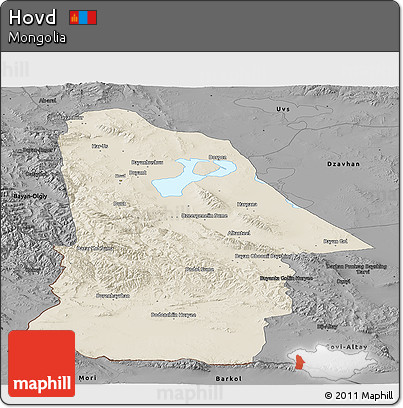 Shaded Relief Panoramic Map of Hovd, darken, desaturated