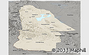 Shaded Relief Panoramic Map of Hovd, darken, semi-desaturated