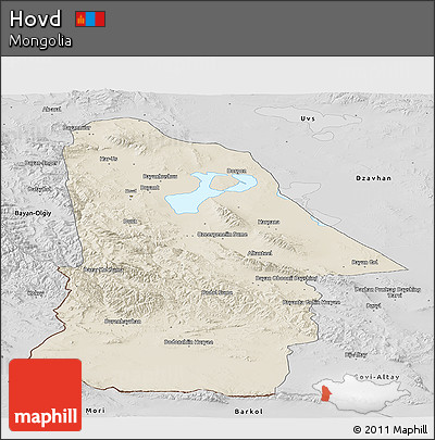Shaded Relief Panoramic Map of Hovd, desaturated