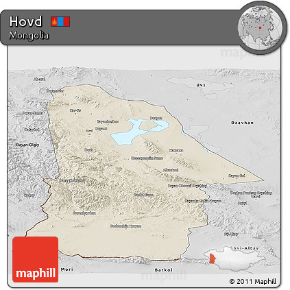 Shaded Relief Panoramic Map of Hovd, desaturated
