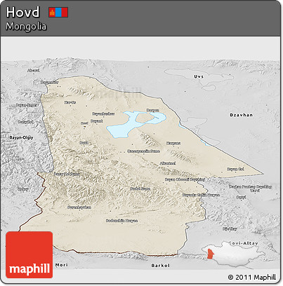 Shaded Relief Panoramic Map of Hovd, desaturated