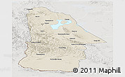 Shaded Relief Panoramic Map of Hovd, lighten, semi-desaturated