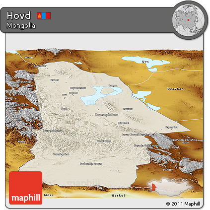 Shaded Relief Panoramic Map of Hovd, physical outside