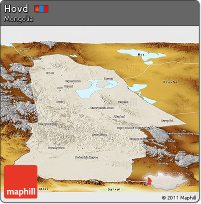 Shaded Relief Panoramic Map of Hovd, physical outside