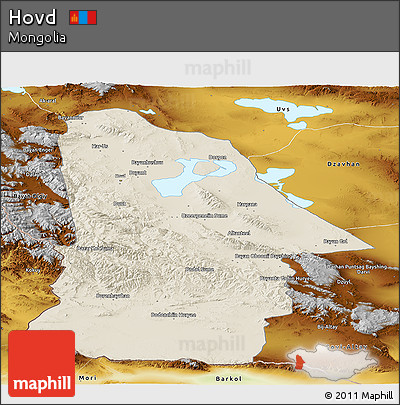 Shaded Relief Panoramic Map of Hovd, physical outside
