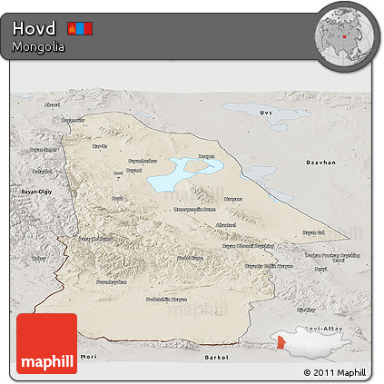 Shaded Relief Panoramic Map of Hovd, semi-desaturated