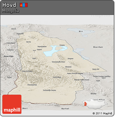 Shaded Relief Panoramic Map of Hovd, semi-desaturated