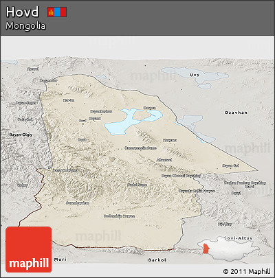 Shaded Relief Panoramic Map of Hovd, semi-desaturated