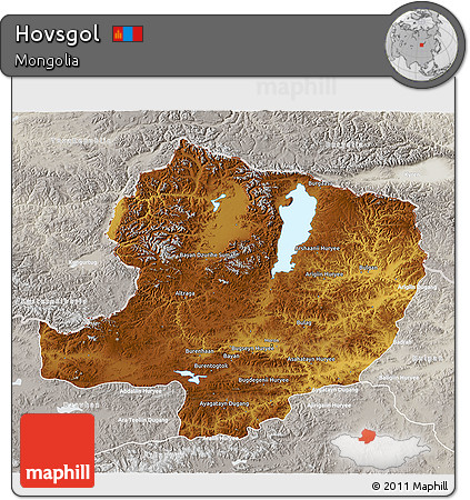 Physical 3D Map of Hovsgol, lighten, semi-desaturated