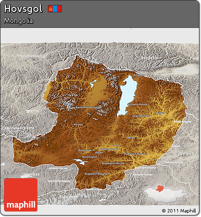 Physical 3D Map of Hovsgol, lighten, semi-desaturated