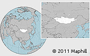 Blank Location Map of Mongolia, gray outside, hill shading outside