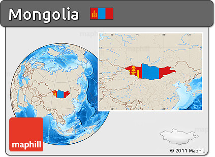 Flag Location Map of Mongolia, shaded relief outside